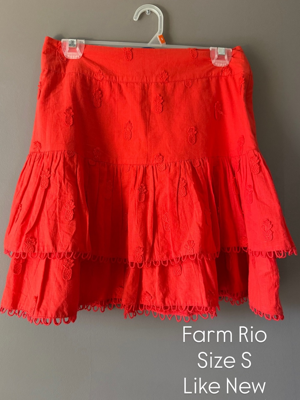 FARM Rio Bright Red Tiered Embroidered Ruffle Skirt size S